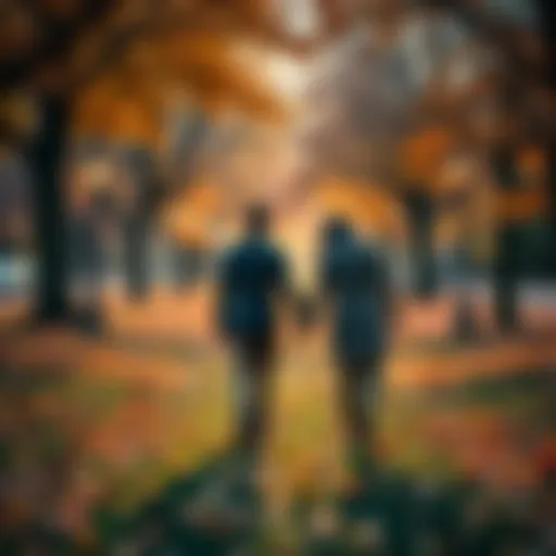 Couple Holding Hands A couple walking hand in hand through a park, surrounded by autumn leaves, symbolizing love amid uncertainty.