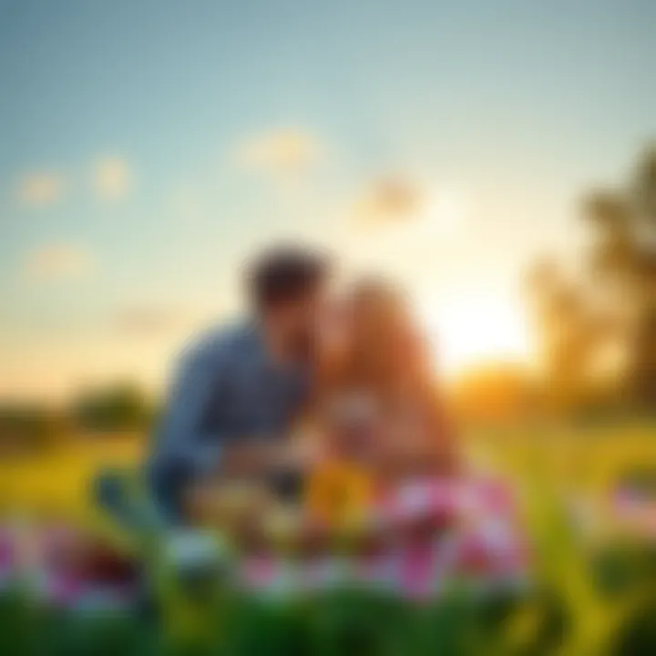 A happy couple sharing a picnic, laughing and enjoying each other's company under a sunny sky.
