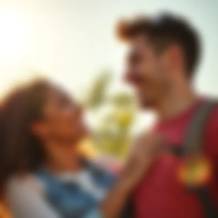 A young couple smiling and enjoying a sunny day together, highlighting their connection and warmth.