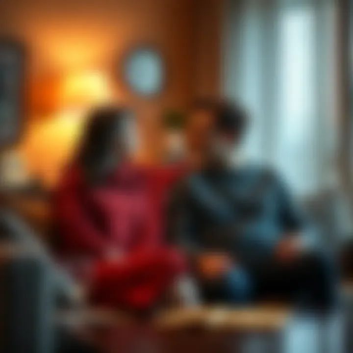 A husband and wife sitting together on a couch, engaged in a serious yet supportive conversation about personal truths, with warm lighting creating an intimate atmosphere.
