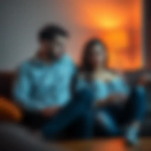 A couple sitting on a couch with one partner looking worried and the other looking defensive, symbolizing trust issues in a relationship.