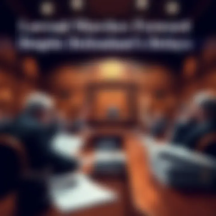 A courtroom scene showing a judge, lawyers, and legal documents as a lawsuit unfolds.