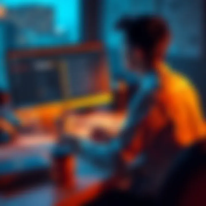 A young man sitting at a desk, looking thoughtfully at a computer screen showing a forum about cryptocurrency. Papers and a coffee cup surround him, symbolizing a moment of reflection.