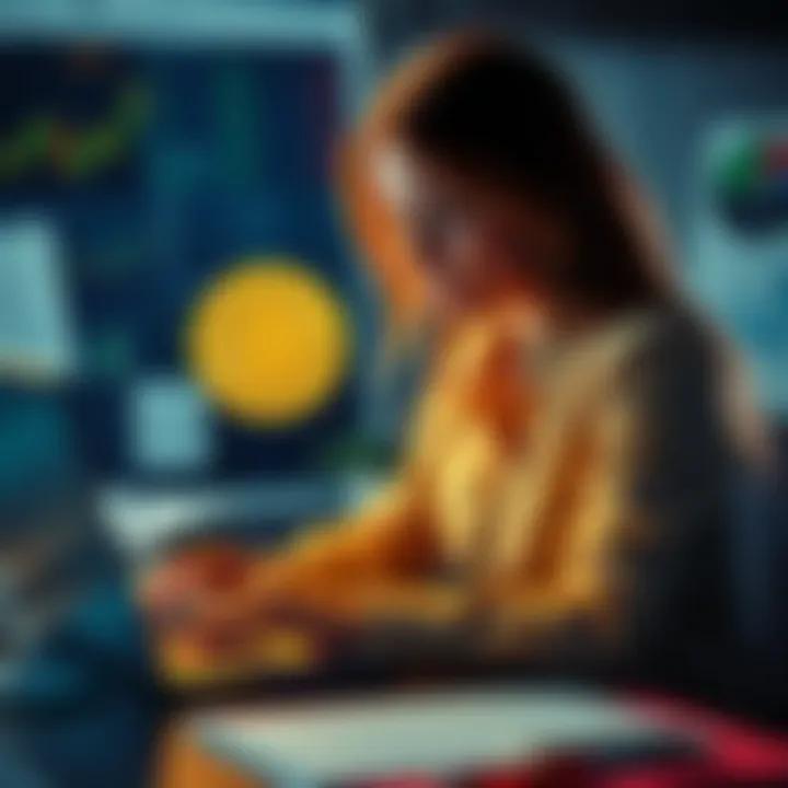 A woman looks stressed while selling her Bitcoin on a laptop, reflecting on her investment journey at a desk filled with financial charts and graphs.