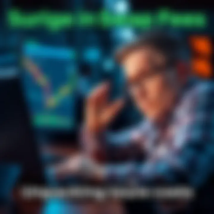 A trader looking frustrated with rising transaction fees on CowSwap, showing a laptop screen with charts and numbers indicating high costs.