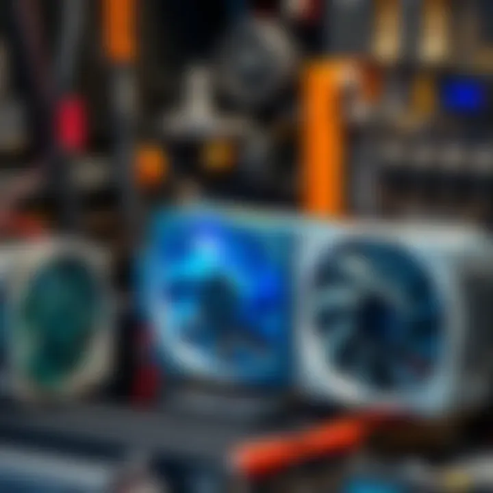 A close-up view of various CPU coolers next to a motherboard, showcasing compatibility options, with tools in the background.