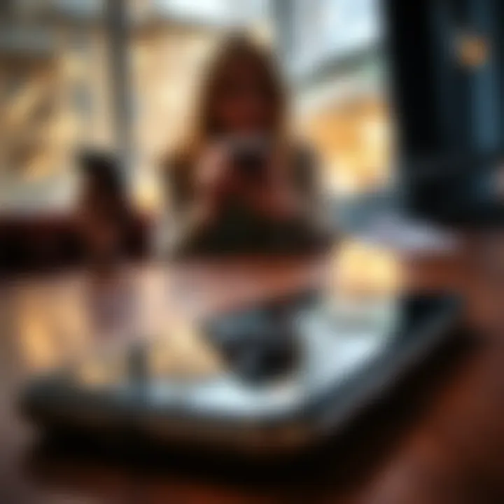 Cracked phone screen on a table Close-up of a cracked smartphone screen on a table with a blurred friend in the background holding another phone.