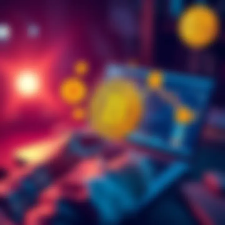 A person setting up a Bitcoin wallet on a laptop with cryptocurrency icons around.