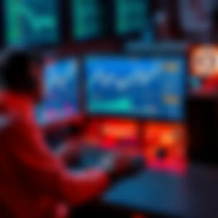 A developer using a computer to design a memecoin with charts and coins displayed on the screen