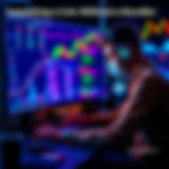 A person working on a computer, focusing on programming code for launching a new cryptocurrency without using a bundler, surrounded by charts and graphs that represent coin market trends.
