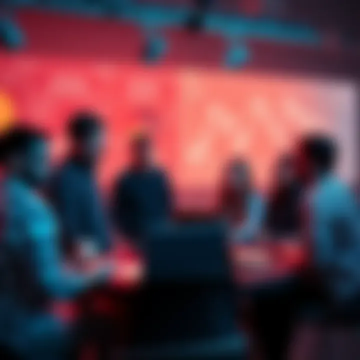 A group of people discussing cryptocurrency creation with charts and laptops