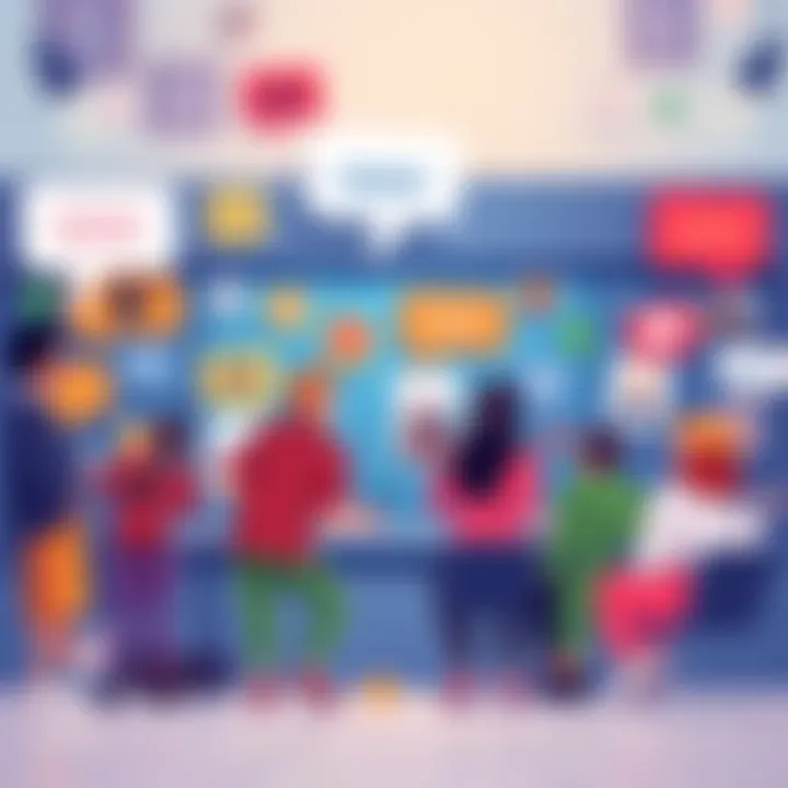 Creative Take on Image Replies A vibrant illustration showing people discussing and sharing creative image replies on a user board, with speech bubbles and various images around them.