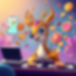 A cartoon character named Brainrot Bambi, with bright colors, encouraging people to share weird cryptocurrency concepts at a digital forum, surrounded by floating coins and quirky symbols.