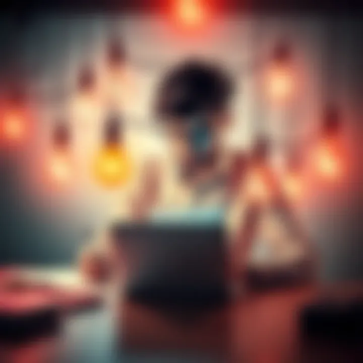 A person brainstorming with notes and a laptop, surrounded by light bulbs, representing creative thinking.