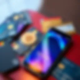 A collection of credit and debit cards on a table with a smartphone displaying the Exodus wallet app