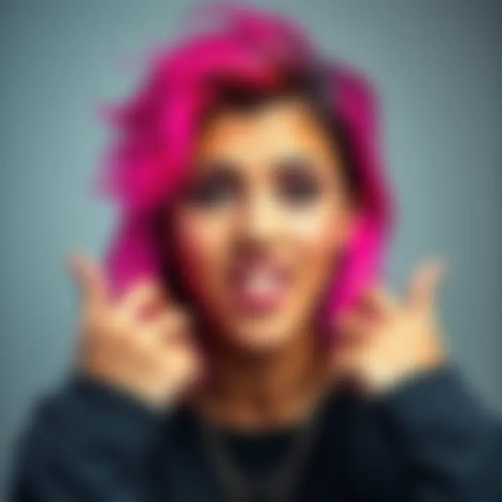 A social media influencer with vibrant hair and stylish clothes, demonstrating various facial expressions to engage an online audience, focused on cryptocurrency themes.