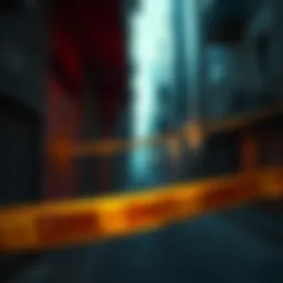 Scene depicting a dark alley in Dubai, with police tape and caution signs, hinting at a gruesome crime investigation involving a crypto scammer.