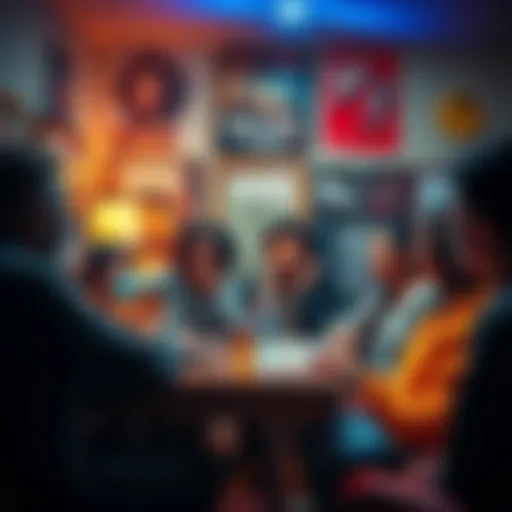 A group of diverse people debating online topics in a cozy room with posters of Whitney Houston and Vans shoes in the background.