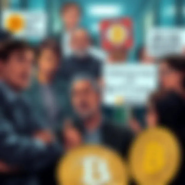 A group of people discussing Bitcoin with concerned expressions, holding signs with anti-Bitcoin messages.