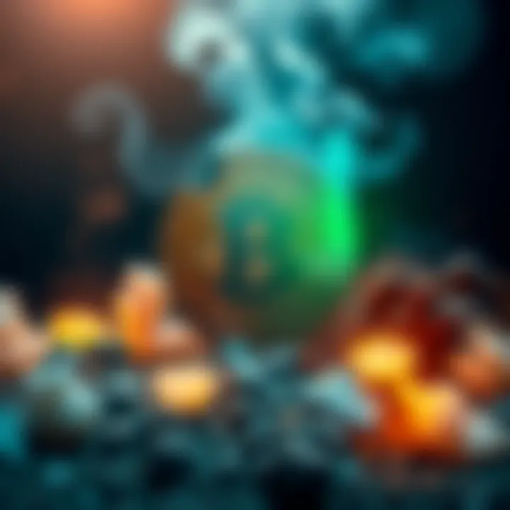 A visual representation of Bitcoin as a digital file, surrounded by environmental symbols like smoke and waste, showing its impact on the environment.