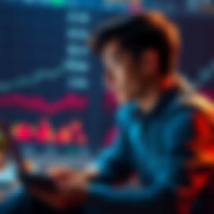 A person contemplating investment options with a laptop and financial charts in the background.