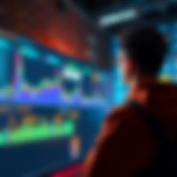 A person looking at a digital chart showing rising cryptocurrency trends and excitement in a crypto community