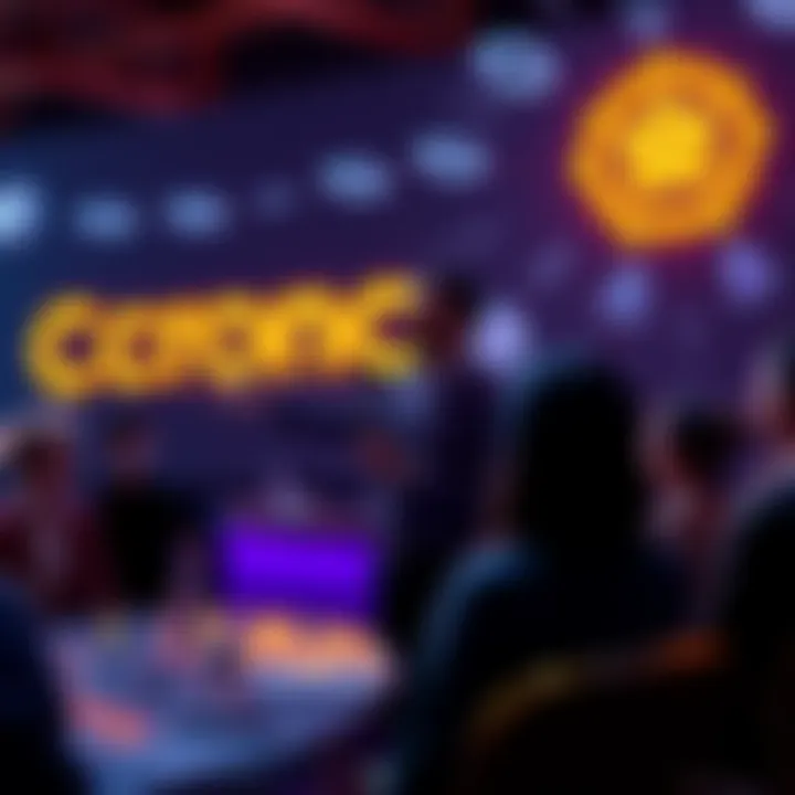 Cronos CEO @Fwiz presenting a new tokenomics page and brand redesign to a group of engaged stakeholders, with #CRO logo in the background.