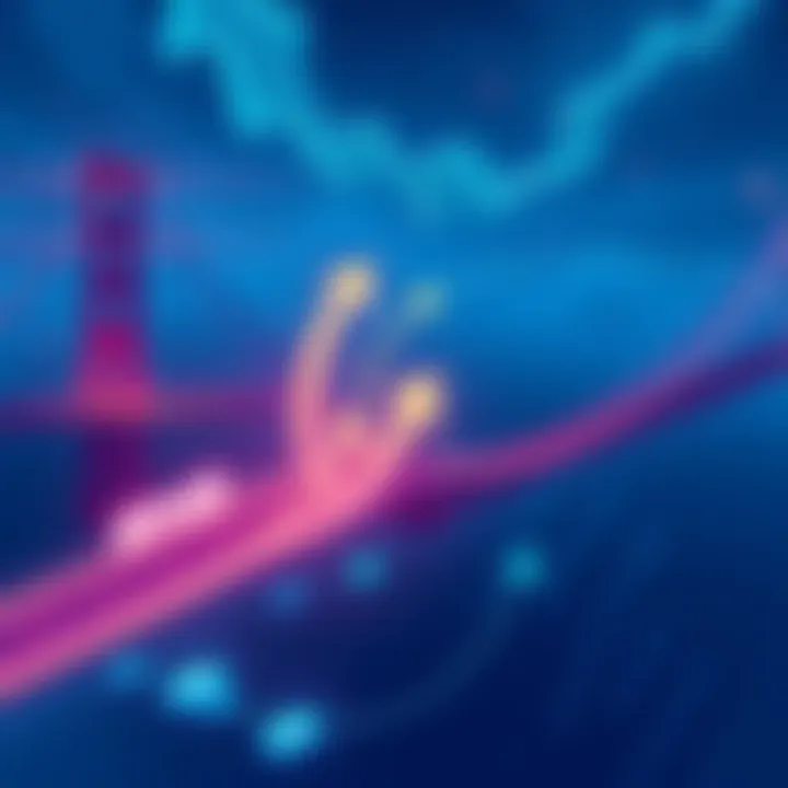 Illustration of Solana and BNB Chain connected by a bridge with arrows indicating transactions and value transfer