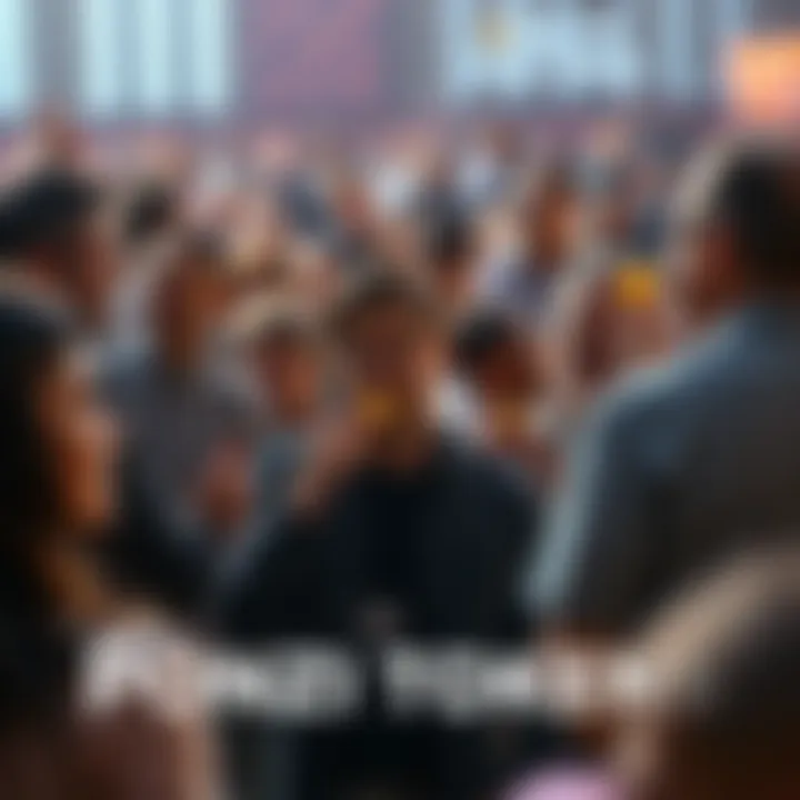A group of people gathered, discussing Ponzi tokens with excited expressions, some holding tokens in their hands while others look skeptical.