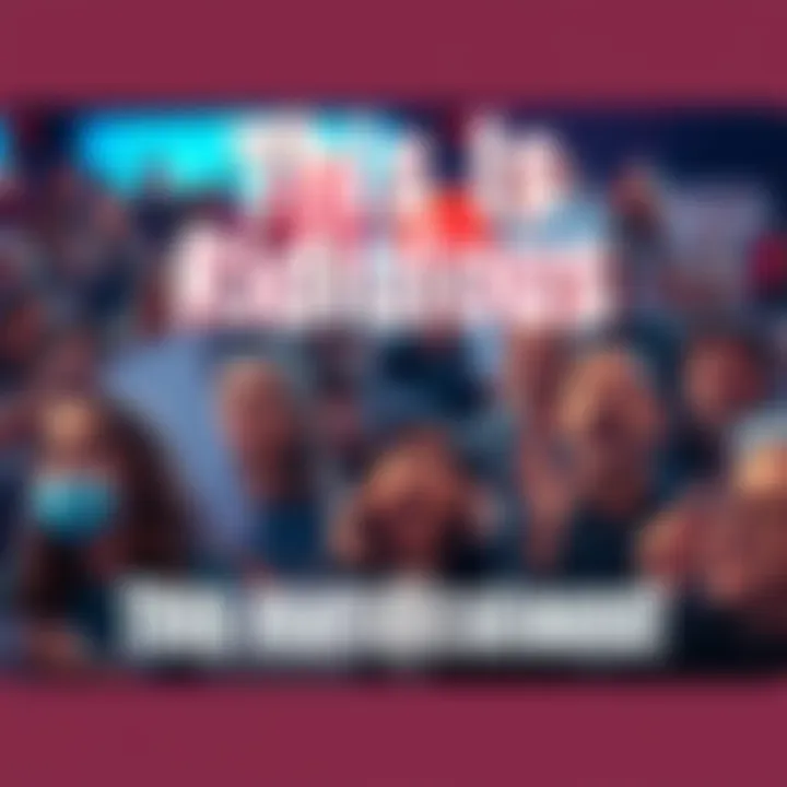 A diverse group of people watching a news broadcast with shocked expressions, some holding signs expressing outrage