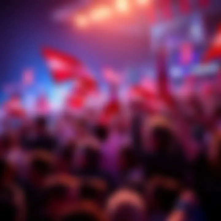 A large crowd cheering and waving flags in excitement at the start of a significant event.