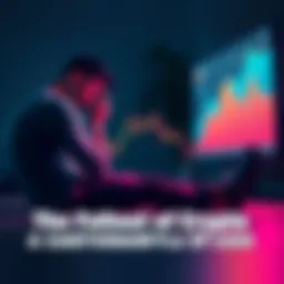 A man sits on the floor, holding his head in his hands as he looks at a screen showing a plummeting cryptocurrency graph, symbolizing despair and loss.
