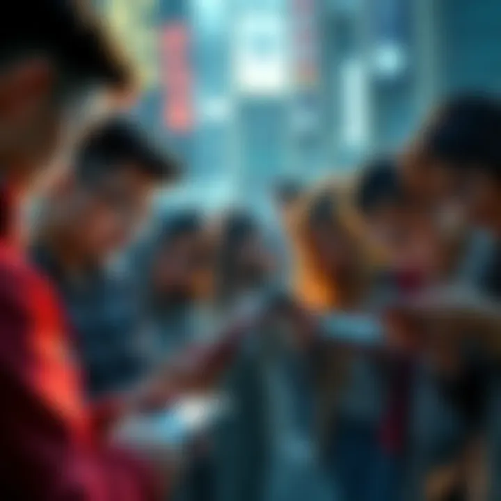 Crypto Adoption in Emerging Markets A group of diverse people engaging with cryptocurrency on their devices, symbolizing growth in high-growth markets.