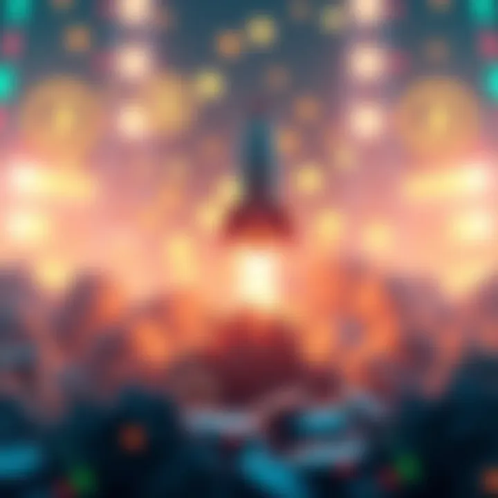 A visual representation of a rocket preparing for launch with cryptocurrency icons in the background, symbolizing the anticipation of a price surge.