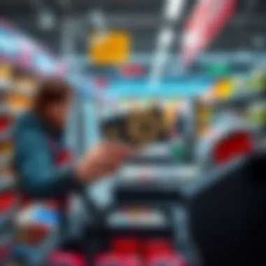 Crypto Card for Easy Spending A person using a crypto card at a store checkout to make a purchase with Bitcoin. The card is visible and the cashier is engaged in the transaction.