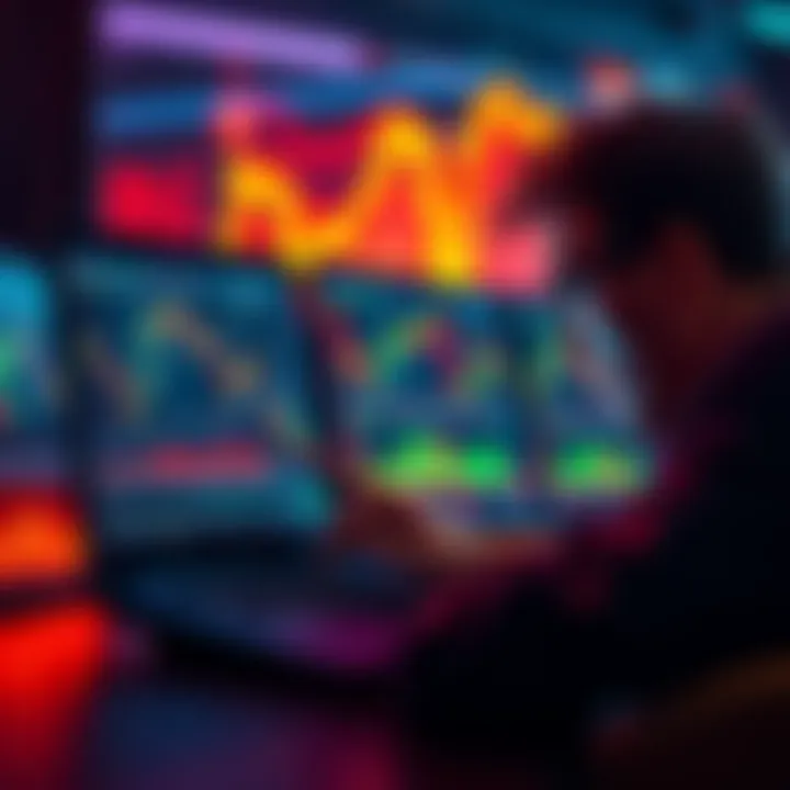 Person watching crypto charts A person intently looking at multiple cryptocurrency charts on a laptop screen, with a concerned expression, reflecting the stress of market tracking.