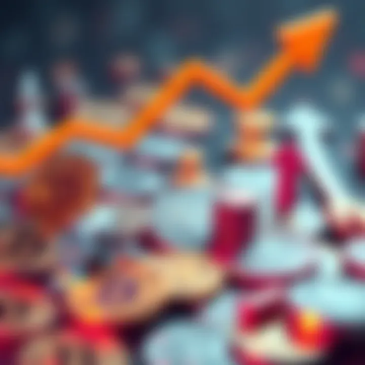 Various cryptocurrency coins with arrows indicating growth and change