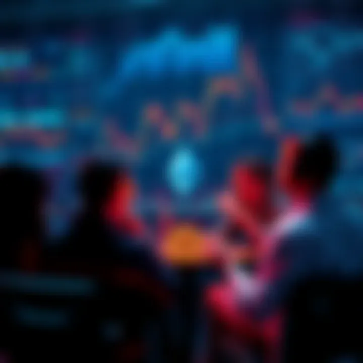 A group of people discussing cryptocurrency and Ethereum, with charts and graphs in the background