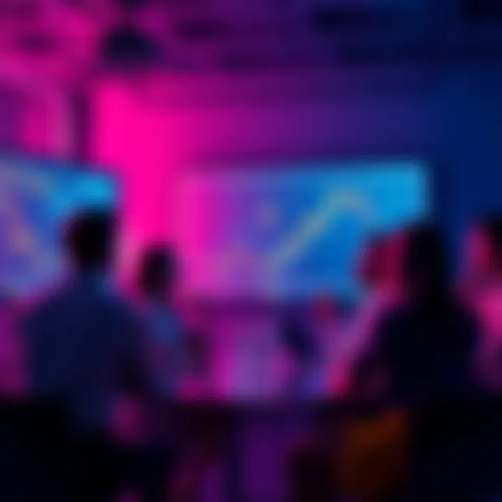 People engaging in a crypto discussion with charts and graphs on screen