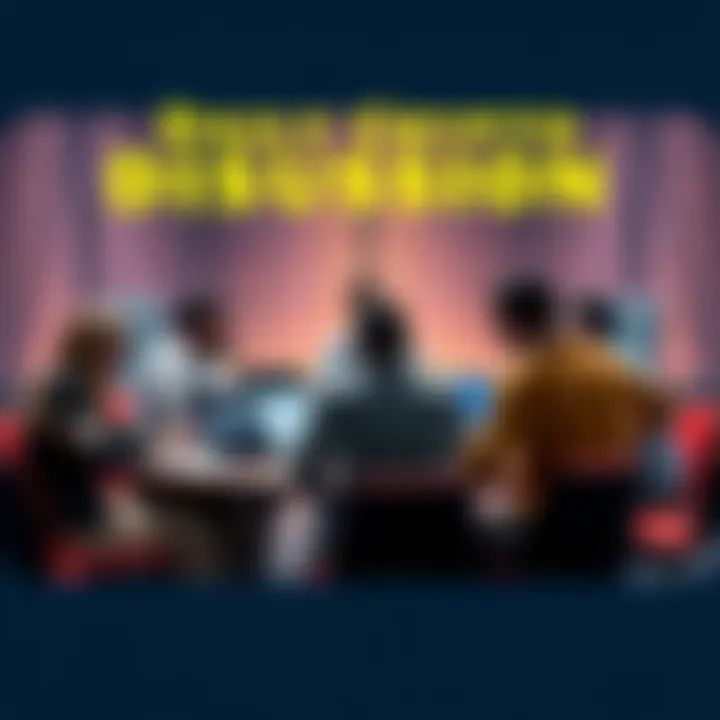 A group of people discussing cryptocurrency at a round table with laptops and papers, sharing insights and ideas.