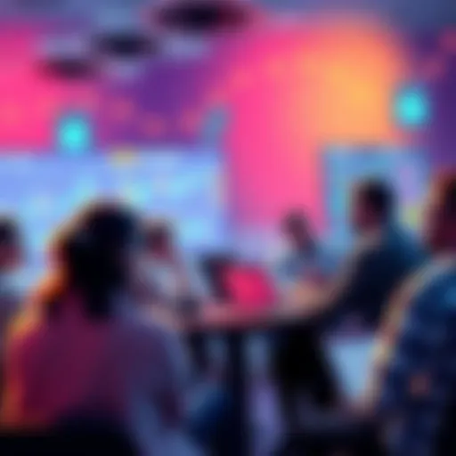 A group of people discussing cryptocurrency trends, with laptops and charts visible