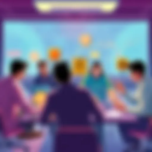 Illustration of people discussing cryptocurrency with charts and laptops, showing caution signs to avoid scams.