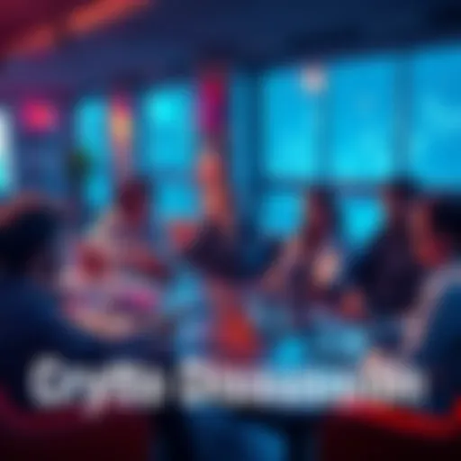 A group of people discussing cryptocurrency trends and strategies in a casual setting with laptops and charts visible.