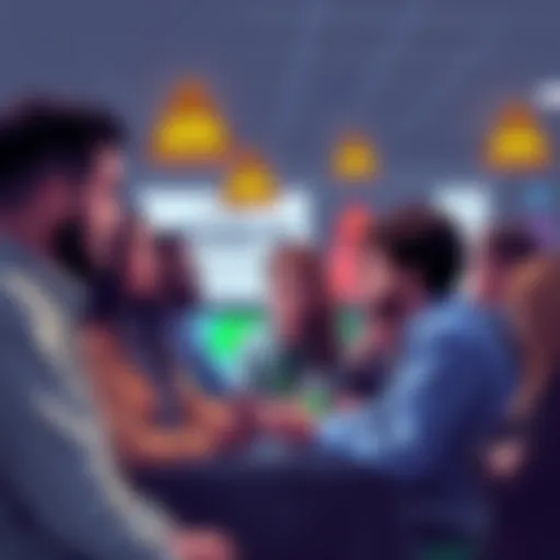 A group of diverse people engaging in a conversation about cryptocurrency, with warning signs and tips visible in the background, emphasizing safety in trading.