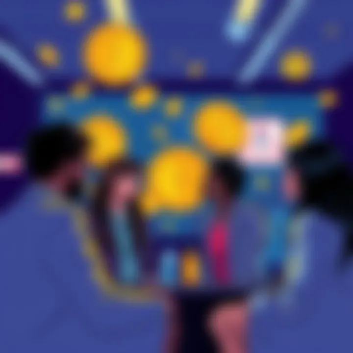 A digital illustration showing diverse people chatting about cryptocurrency, with crypto coins and warning signs in the background.