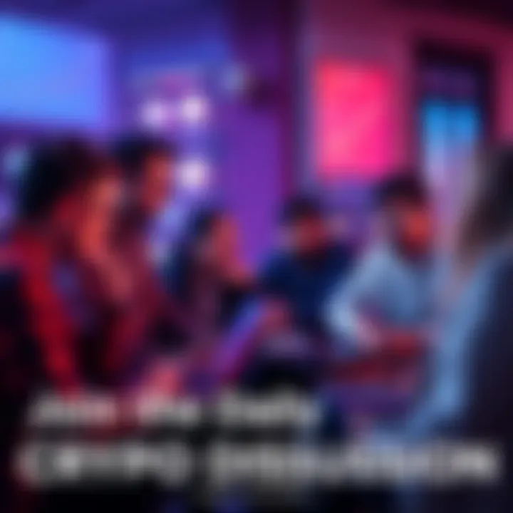 A group of people engaged in a conversation about cryptocurrency, sharing insights and trade tips, with laptops and smartphones around them.