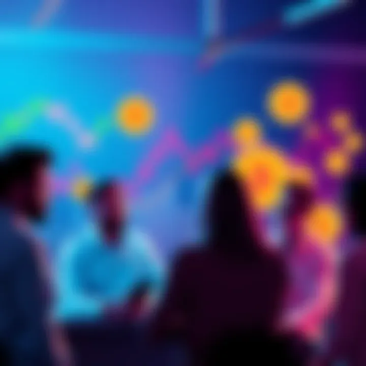 A group of people discussing cryptocurrency trends, with charts and coins in the background.