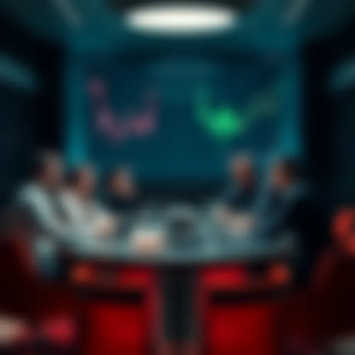 A group of people engaged in a discussion about cryptocurrency at a round table, with laptops and charts on display.