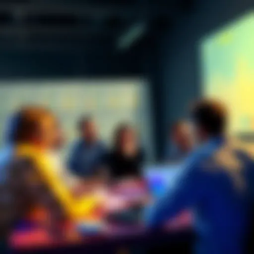 A group of people engaged in a lively discussion about cryptocurrency, with laptops and charts on the table