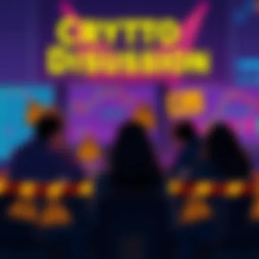 Crypto Discussion Safety Tips A group of people discussing cryptocurrency with caution signs and a computer screen displaying trading charts in the background